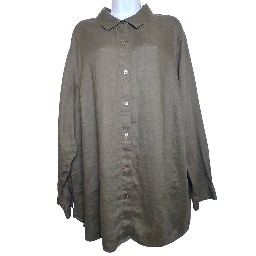 J Jill Women 2XL 100% Linen Olive Green Button Down Shirt Lagenlook Coastal Boho